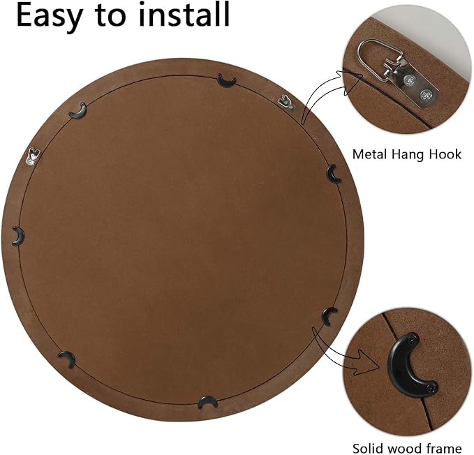 24 Inch Round Mirror - Distressed Vintage Farmhouse Mirror for Bathroom Wall, Living Room, Bedroom & Entryway, Handmade Wood Frame