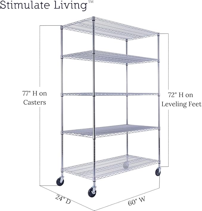 48"x24"x72" Prime Heavy Duty Chrome 5-Tier Steel Wire Shelving NSF 4000 LBS MAX Capacity Storage Rack for Commercial, School, Home, Garage, Warehouse, Industrial, and Hospital Uses (with Wheels)
