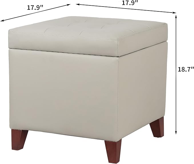 Adeco 18" PU Storage Ottoman, Upholstered Square Faux Leather Foot Rest - Flip Top Footstool with Sturdy Wood Legs, Small Cube Coffee Table Extra Seat for Living Room, Bedroom, Elephant Grey