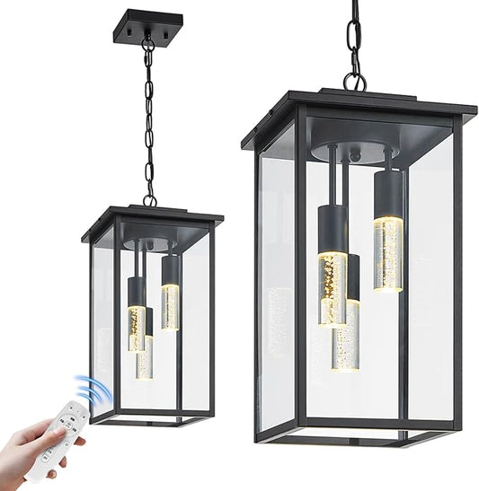3-Color LED Outdoor Pendant Light with Remote, 3-Light 19" Large Outdoor Chandelier for Porch, Black Exterior Pendant Lighting Fixture Ceiling Mount Pendant Lantern for Patio Front Door