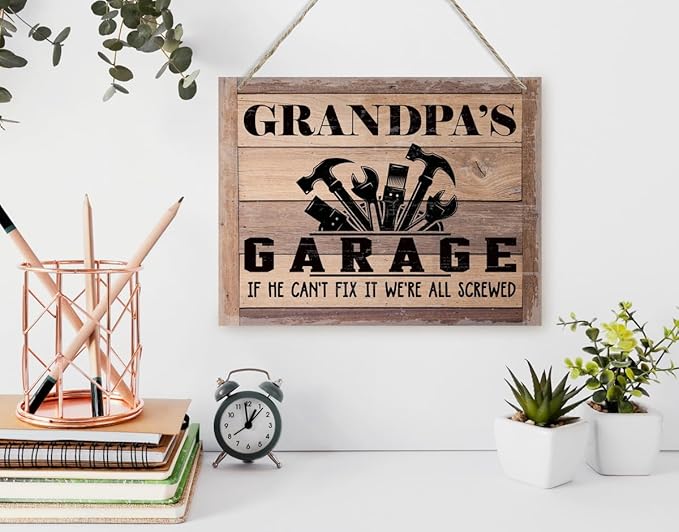 BQL Rustic Wood Sign, Father's Day Gift, Grandpa's Gift, Decor Hanging Wood Sign, 8X10inch, Printed Wood Wall Art Sign, Grandpa's Garage, If He Can't Fix It We're All Screwed