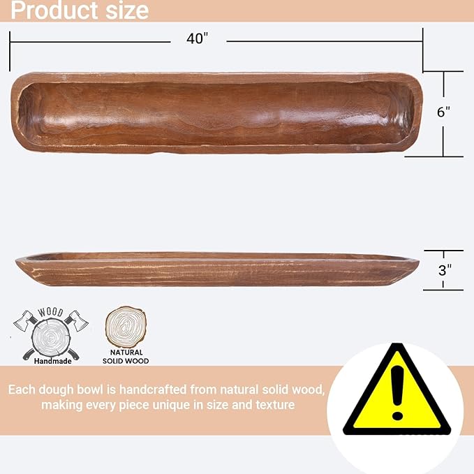 Athaliah Wooden Dough Bowl, Hand Carved Rustic Long Wood Dough Bowls for Decor, Vintage Large Wooden Bread Bowl for Table Centerpiece Dining Room Home Kitchen Decor Candles (40 Inch-Brown)