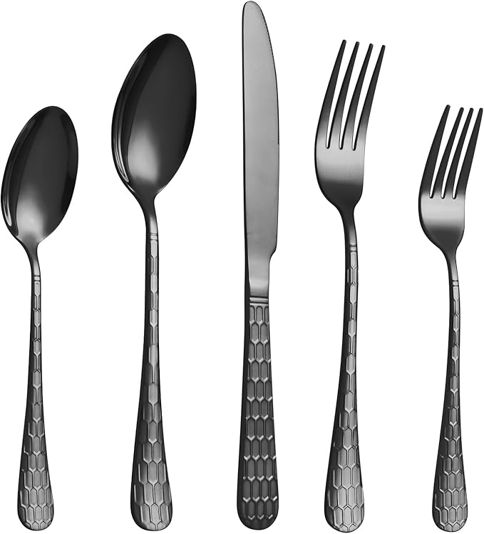 40 Pcs Black Silverware Set for 8 with Water Cube Handle design, Food Grade Stainless Steel Flatware Set, Eating Utensils Sets Include Fork/Knife/Spoon, Reusable Cutlery Set, Dishwasher Safe