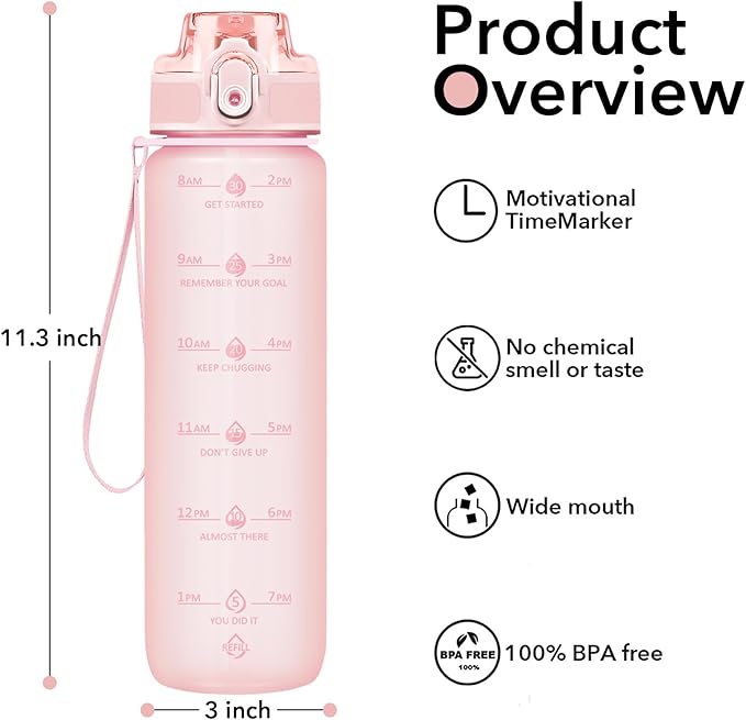 32oz Motivational Water Bottles with Time Marker & Fruit Strainer, Transparent Gradient Color Water Bottle with Times to Drink, Leakproof & BPA Free, Reusable Bottle with Strap (No Straw)