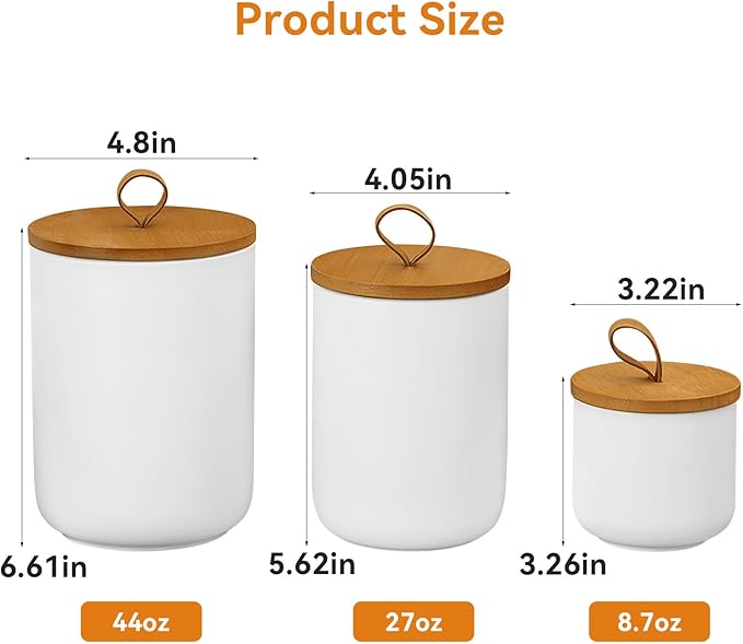 Canister Sets for Kitchen,Ceramic Kitchen Canisters for Countertop with Airtight Wood Lids for Serving Ground Coffee, Tea, Spice, Grains, Sugar, Salt (White Pack of 3 (8.7/27/44 Oz))