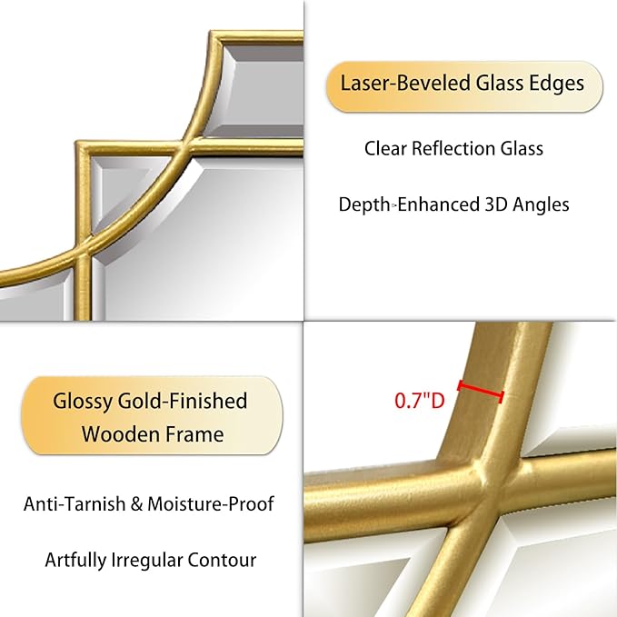 30x20 Inch Gold Bathroom Mirror, Wooden Frame with Scalloped Polished Beveled Glass, Modern Art Wall Decor for Vanity, Irregular Rectangle Mirror for Bedroom, Living Room, Fireplace & Entryway