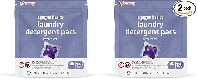 Amazon Basics Laundry Detergent Pods, 120 Pacs for 120 Medium Loads, Lavender Scent, (Previously Solimo) (Pack of 2)