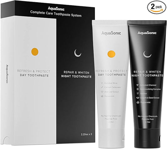 AquaSonic Complete Care Toothpaste - Refresh & Protect Day, Repair & Whiten Night - Fluoride Free Natural, Anti-cavity, Anti-plaque, Reharden, Strengthen, Whiten, Detoxify