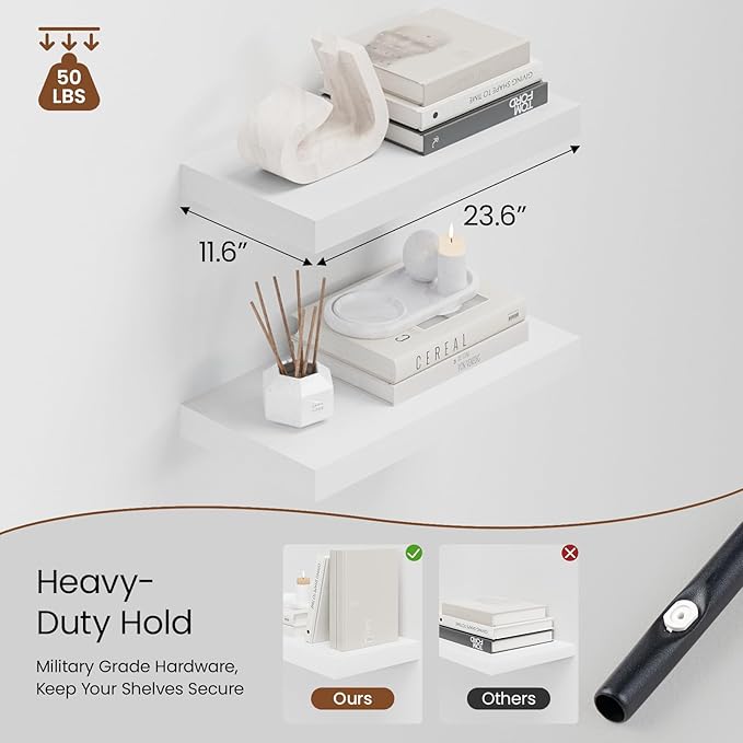 Heimlove 12" Deep White Floating Shelves for Wall, 24 Inch Wall Shelf Bathroom Shelves Set of 2, Wall Mounted Shelves for Books Living Room Laundry Room Bedroom Kitchen Home Office