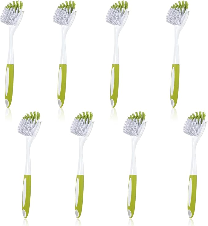 8 Pcs Dish Brush with Handle Kitchen Scrub Brush Pot and Pan Cleaning Brush Dish Scrubber with Stiff PET Bristles for Cookware Sink Washing Household, Green, 11 x 3.1 x 0.98 Inch