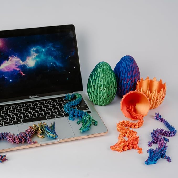 3D Printed 12” Articulated Crystal Dragon Inside 5.1” Egg – Fantasy Collectible, Fidget Toy & Stocking Easter Basket Stuffers for Home & Office Decor (Laser Purple)