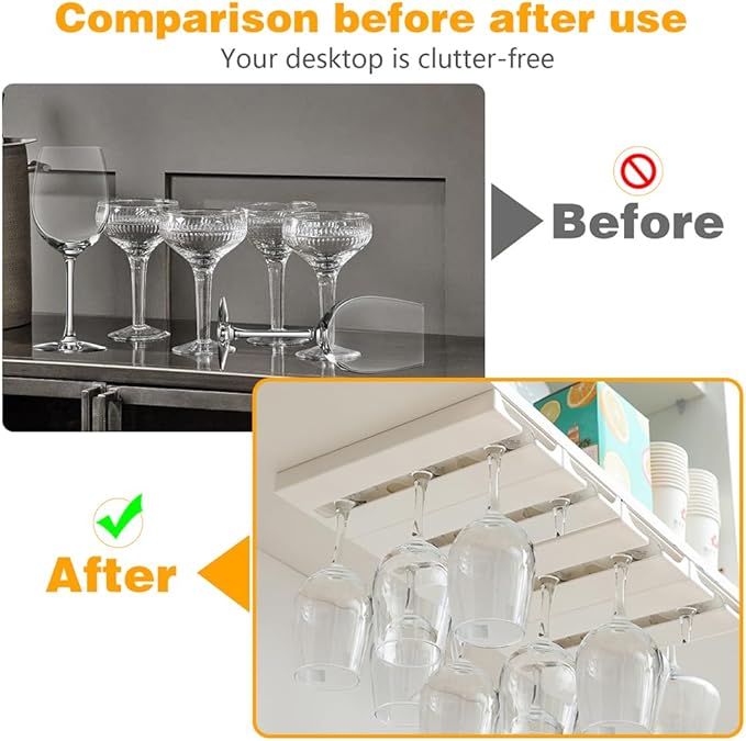 2 Pcs Wine Glass Holder Under Shelf or Cabinet Punch-free,Stemware Rack Glassware Drying Storage Hanger for Kitchen,Bar and Restaurant (White)