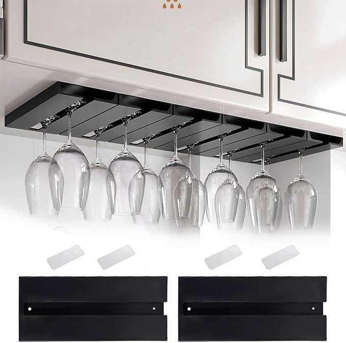 2Pcs Wine Glass Holder，Stemware Rack Plastic Punch-free Hanging Under Cabinet for Bar,Kitchen and Restaurant (black)