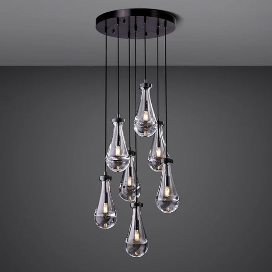 7 Light Raindrop Chandeliers, Bronze Teardrop Cluster Pendant Lights Kitchen Island, Black Dining Room Chandelier Over Table Hanging Pendant Lighting for High Ceiling, Entryway Staircase