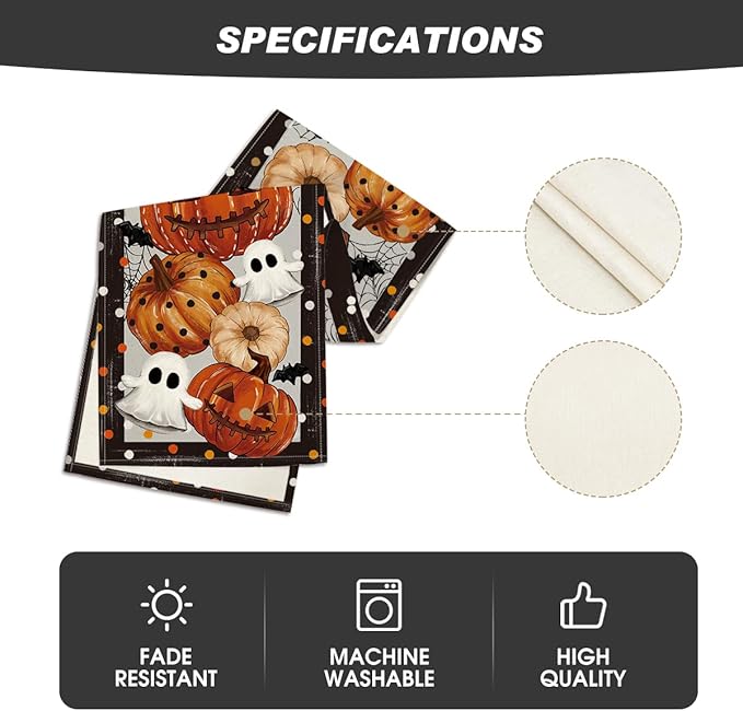 Artoid Mode Jack-O'-Lantern Pumpkin Ghost Spider Web Halloween Table Runner,Holiday Kitchen Dining Table Decoration for Home Party Decor 13 x 108 Inch