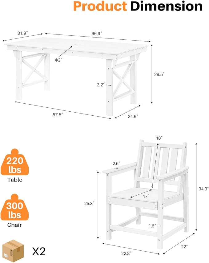 HDPE Patio Dining Set, 5-Piece Outdoor Table and Chairs with Umbrella Hole, Modern Outdoor Dining Set for 4, HDPE Outdoor Patio Furniture Dining Sets for Deck, Poolside, Porch, Pearl