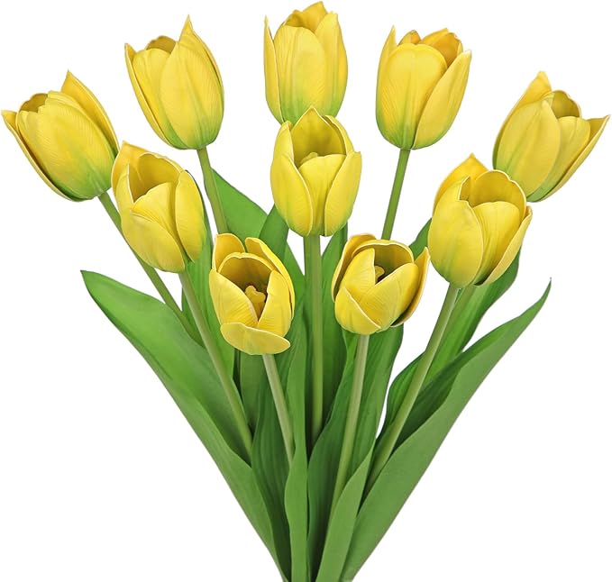 Artificial Tulips Flowers – 20" Long Stem Faux Tulips, 10PCS Real Touch Fake Yellow Tulip for Vase, Farmhouse, Kitchen, Spring & Wedding Home Decor