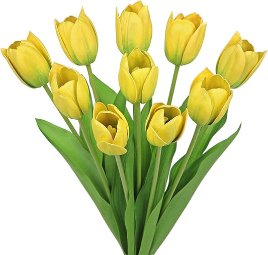 Artificial Tulips Flowers – 20" Long Stem Faux Tulips, 10PCS Real Touch Fake Yellow Tulip for Vase, Farmhouse, Kitchen, Spring & Wedding Home Decor