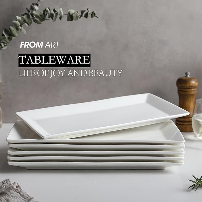 12" Serving Platters Set of 4, White Rectangular Plates, Ceramic Serving Tray, Stackable Large Party Plates for Appetizer, Dessert, Steak, Sushi, Housewarming, Oven Dishwasher Safe