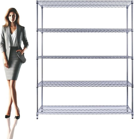 60"x18"x72" Chrome 5-Tier PREMIUM Wire Shelving NSF 4000 LBS MAX CAPACITY Heavy Duty Steel Storage Rack for Warehouses, Garages, Hospitals, Commercial Spaces, & Schools w/PREMIUM WHEELS