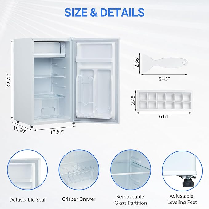 3.2 Cu.Ft Mini Fridge with Freezer, Small Refrigerator with Single Door and Adjustable Thermostat, Shelf, Energy Efficient, Compact Fridge for Bedroom, Office，white