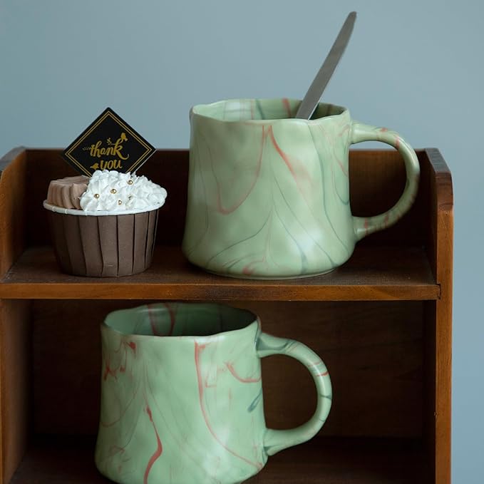 Abstract Art Ceramic Coffee Mugs Set - 2 Pack, Mint Green with Red and White Accents, Handcrafted Design for Modern Kitchen or Office