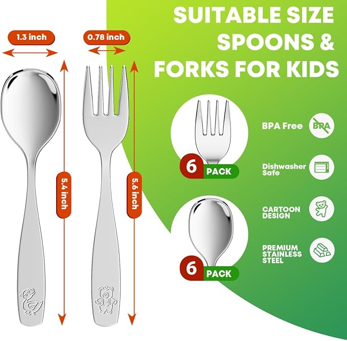 12 Pieces Toddler Utensils, Kids Stainless Steel Silverware Set - 6pcs Forks and 6pcs Spoon, Cute Children Flatware Sets with Mirror Polished, Self Feeding Safe, Dishwasher Safe
