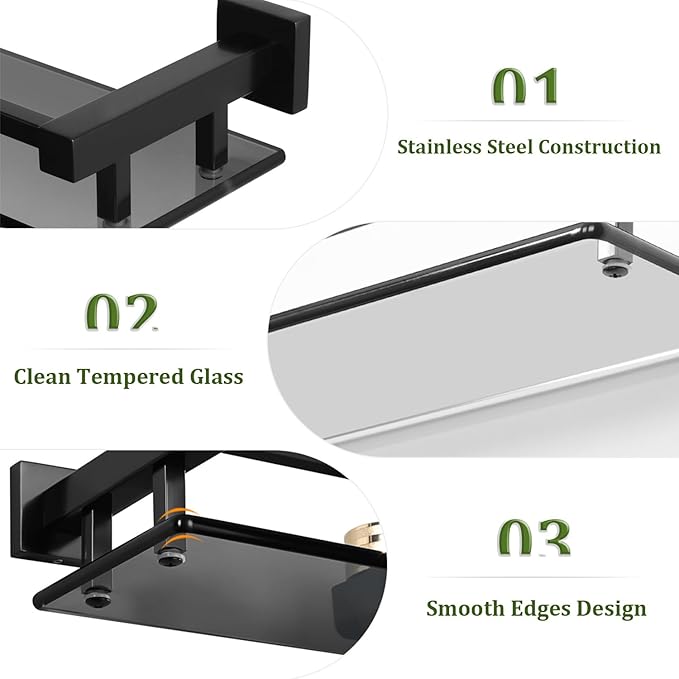 Alise Bathroom Glass Shelf with Stainless Steel Railing, Matte Black Small Tempered Glass Floating Wall Shelf Over The Toilet, 16 inch