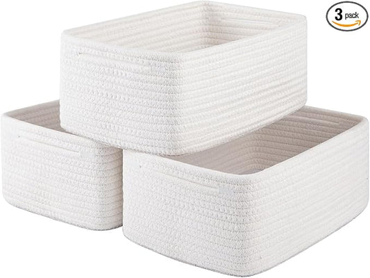 3 Pack Small Storage Baskets for Organizing, Cute Woven Decorative Gift Baskets for Shelves, Mini Closet Organizer Bins with Handles, 11.81''Lx7.87''Wx4.72''H-White