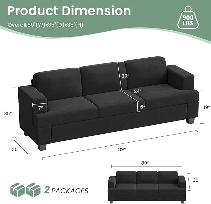 2 Piece Set Comfy Sofa Couch, 2 3-Seater Sofa with Deep Seats, Modern Sleeper Couch for Living Room, Dark Grey Chenille