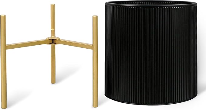 ARNIS Modern Plant Pots, Set of 2 Round Large Planters with Stand, Large Size Metal Pots with Drainage Holes for Living Room, Office, Garden or Balcony, 10.5 &12.25 Inch, Black & Gold