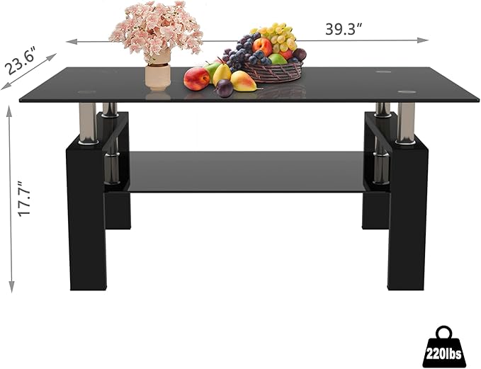 Black Glass Coffee Table for Living Room, Mordern Rectangle Tempered Glass Sofa Center Tables with Black Metal Leg for Home Office