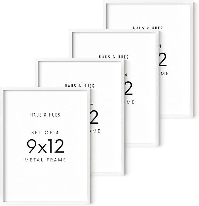 HAUS AND HUES 9x12 White Metal Picture Frames - Features Premium Aluminum, Vertical & Horizontal Hang, Shatterproof Plexiglass - Perfect for Home, Room, Office (9x12 in, White, Set of 4)
