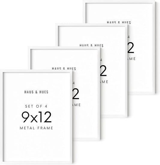 HAUS AND HUES 9x12 White Metal Picture Frames - Features Premium Aluminum, Vertical & Horizontal Hang, Shatterproof Plexiglass - Perfect for Home, Room, Office (9x12 in, White, Set of 4)