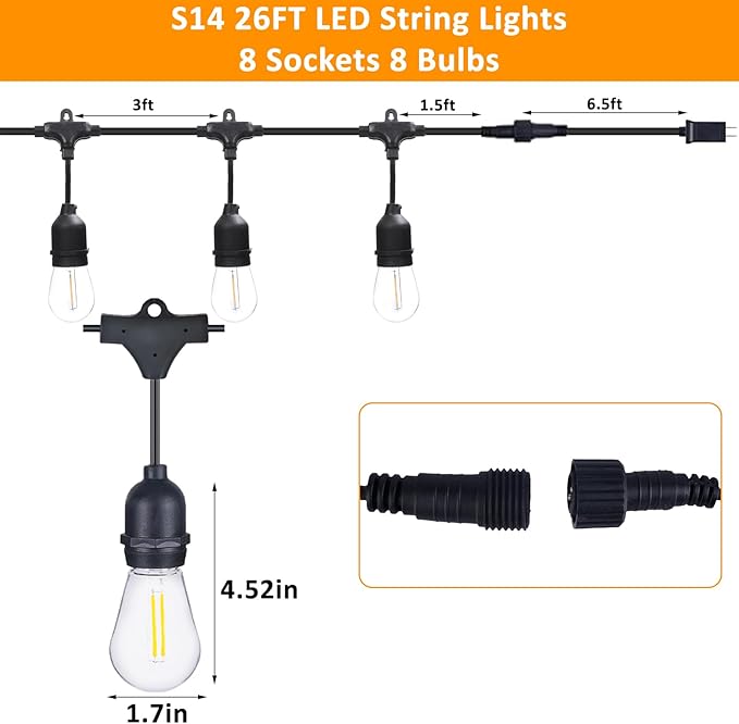 26 Ft LED Outdoor String Lights, Connectable Patio with 8Pcs Waterproof Vintage Edison Bulbs for Backyard, Balcony, Bistro Camping Outdoor Lighting