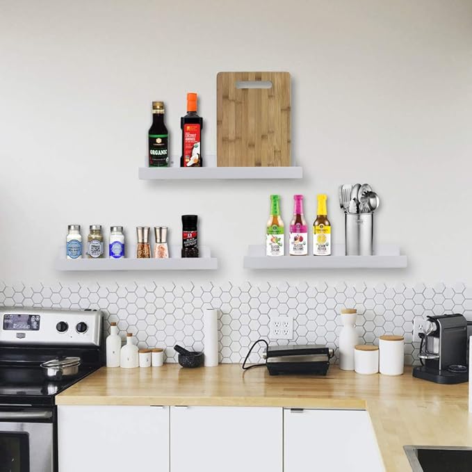 AZSKY White Floating Shelves Wall Mounted Set of 2, 24 Inch Picture Ledge Shelf for Storage Bedroom Bathroom Kitchen Living Room Office Modern Rustic Style Display Shelves (Solid Pine Wood)