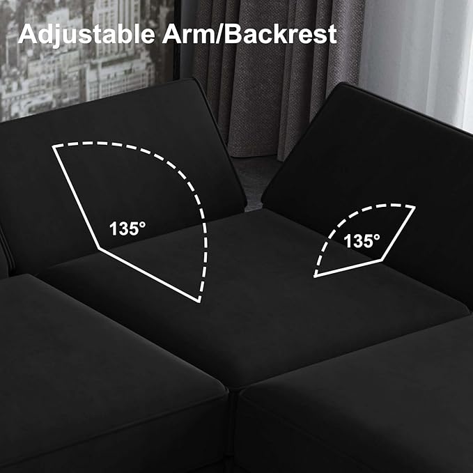 Belffin Modern L Shaped Velvet Sectional Sofa with Chaise, Black, Storage, Adjustable Arm/Backrest