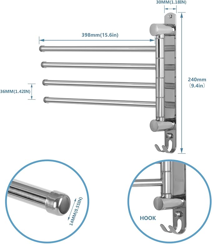 Bathroom Towel Rack JSVER Swivel 4 Arms Extended Towel Holder, SUS304 Stainless Steel Space Saving Towel Rack, Towel Racks for Bathroom, Kitchen