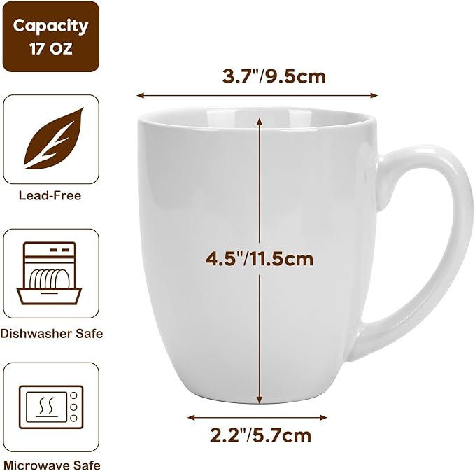 16 OZ White Stoneware Mugs Set of 6, Large Ceramic Coffee Cups with Handle, Porcelain Mugs for Latte, Milk, Tea and Juice