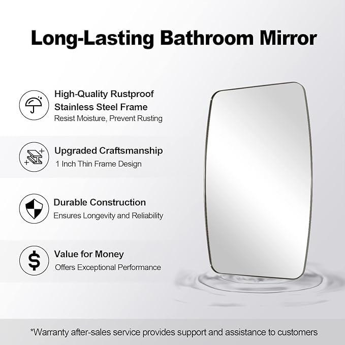 ANDY STAR Brushed Nickel Mirror, 28x36 Inch Stainless Steel Metal Frame Oblong Bathroom Mirror for Vanity, 1’’ Deep Wall Mounted Vertically/Horizontal