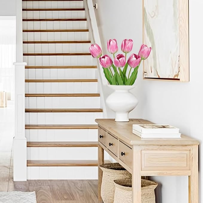 Artificial Tulips Flowers – 24" Long Stem Faux Tulips, 7PCS Real Touch Fake Pink Tulip for Vase, Farmhouse, Kitchen, Spring & Wedding Home Decor