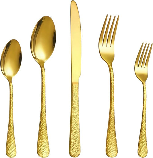 20 Pcs Gold Silverware Set for 4 with Hammered Design, Food Grade Stainless Steel Flatware Set, Eating Utensils Sets Include Fork/Knife/Spoon, Cutlery Set, Dishwasher Safe