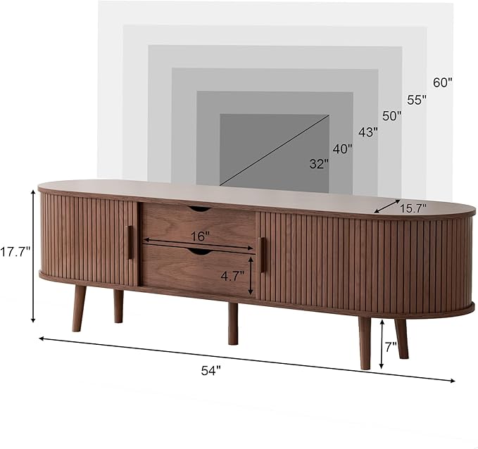 55" Mid Century TV Stand, Fluted TV Stand Fits 32" to 60" TVs. Wood Entertainment Center for Living Room, Farmhouse Modern TV and Media Console Table with Storage, Curved Edge and Sliding Door, Walnut