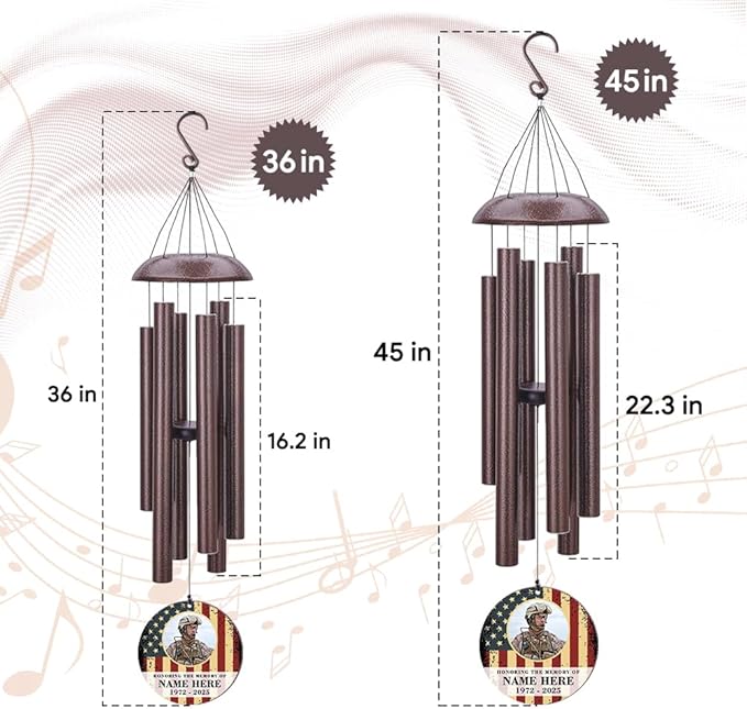 36inch Personalized Wind Chimes, Memorial Wind Chimes for US Veteran, Wind Chime for Loss of Loved Dad/Mom, Sympathy Memorial Gifts, Thank You Veteran Solider