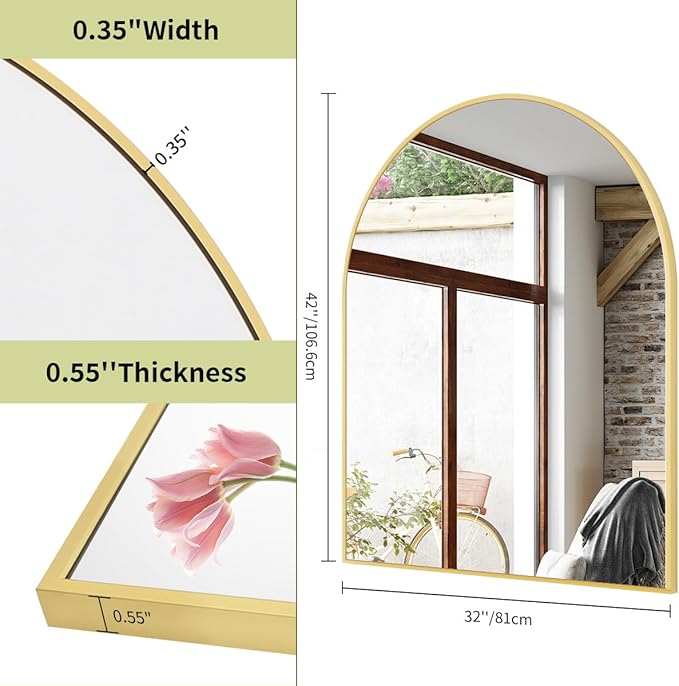 BEAUTYPEAK 32"x42" Arch Bathroom Mirror, Wall Mounted Vanity Metal Frame Mirror for Bedroom, Entryway, Living Room, Gold