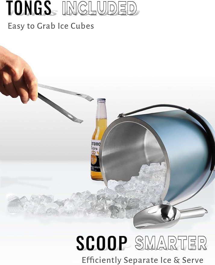4L Ice Bucket with Silicone Lid, Scoop, Tongs & Strainer, Stainless Steel Double Wall Insulated Ice Buckets for Parties & Cocktail Bar, Outdoor Champagne Ice Container Bin, Navy