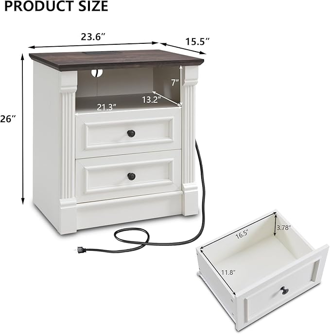 26" Tall Farmhouse Nightstand, 2 Drawers End Table w/Charging Station, 23.6" Wide Large Side Table w/Roman Column, Wood Rustic Sofa Table w/Open Shelf, Bedside Table for Bedroom, White