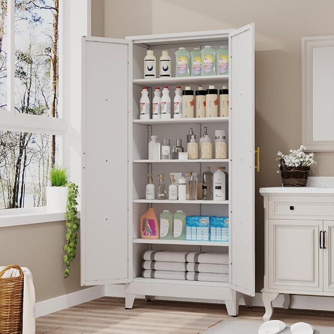 75" Tall Metal Kitchen Pantry Storage Cabinet, Freestanding Cupboard with 2 Doors and 5 Adjustable Shelves, Standing Storage for Kitchen, Bathroom, Garage, Dinning Room or Utility Room（White）