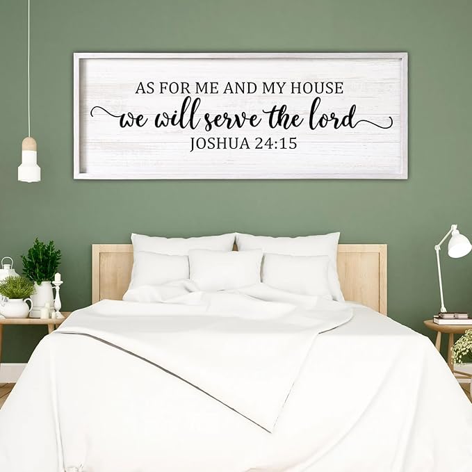 As For Me And My House We Will Serve The Lord Framed Wall Art, 40''×15'' Positive Religious Rustic Bible Verse for Christian God Jesus Christ Prayer, Vintage Horizontal Holy Catholic Scripture Decor