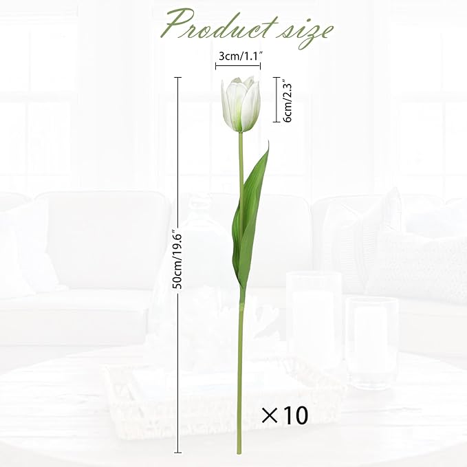 Artificial Tulips Flowers – 20" Long Stem Faux Tulips, 10PCS Real Touch Fake White Tulip for Vase, Farmhouse, Kitchen, Spring & Wedding Home Decor